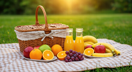 Fresh fruit and juice on picnic blanket in sunny park setting  