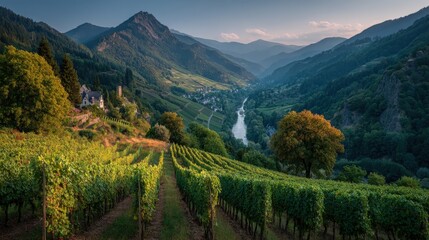 Vineyards of Ahr Valley in late August with sunlight on Pinot Noir grapes