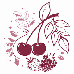 High-quality vector logo for a fruit juice brand with stylized cherry, subtle raspberry and grape elements on a clean white background