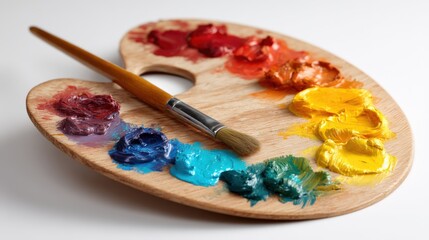 Obraz premium Multicolored oil paints on wooden palette with brush resting against edge