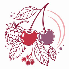 Premium minimalist logo design with cherry as the main symbol complemented by raspberry and grapes in cherry red, raspberry and soft purple tones