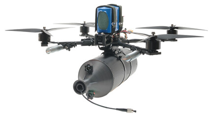 FPV drone with propellers and camera. Drone in the air on a white background. Isolate fpy drone. Drone front view.