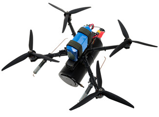 FPV carbon fiber drone. Helicopter on white background. Aircraft with camera and battery. Flying drone with camera. Isolate.