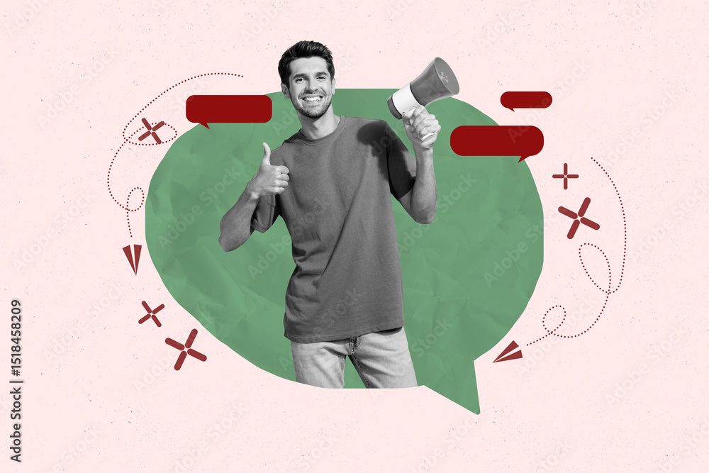 Poster creative pop collage of person stand in speech bubble on pink background