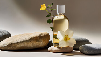 Three bottles of essential oil stand on the table, containing cosmetics fluid