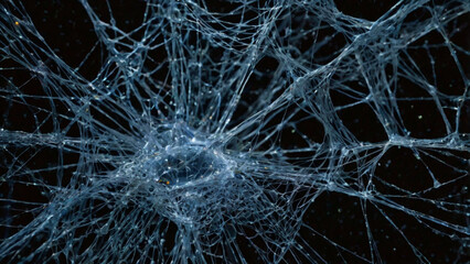 Visual representation of a network like a spiders web in dark space. 