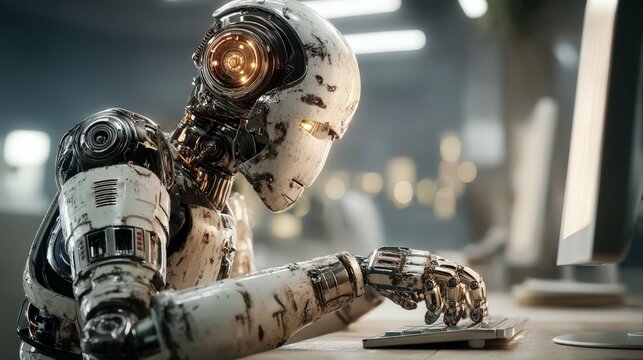 Humanized robot interacts with technology in a minimalist office environment