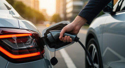 Fototapeta premium Electric car charging with a hand holding the plug in a city setting 