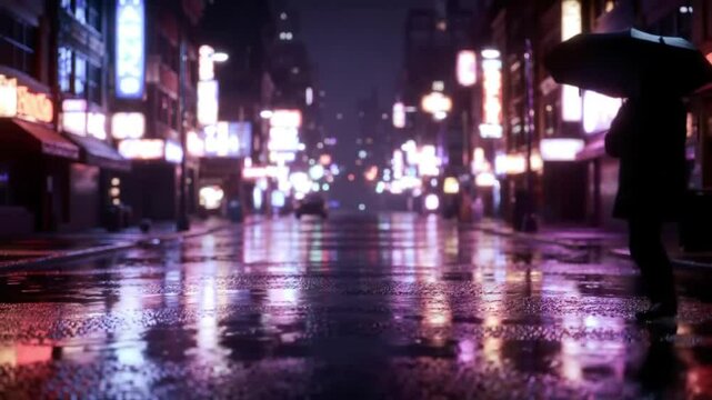Rainy city street at night with person under umbrella. People crossing street in rainy weather. Urban scene with reflections in wet asphalt.  Rainy city street image perfect for cinematic background.