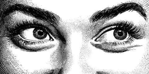 Engraved illustration of expressive happy eyes with big smile design