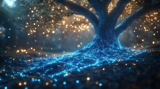 Magical glowing tree in a mystical forest