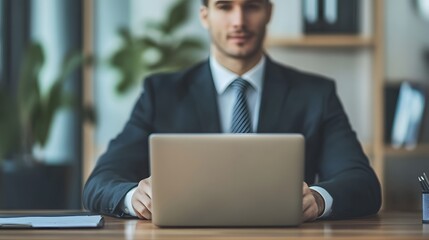 Focused Leadership: A focused man, embodies professionalism as he sits at his desk in the office. Ready to embrace the day with confidence, this photo evokes ambition and the pursuit of success.