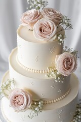 Romantic White Wedding Cake with Pink Roses in Soft Focus