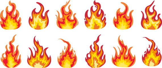 modern trending cartoon fire flame set abstract burning bonfire elements isolated for web design decoration ui ux game icons blazing heat symbols