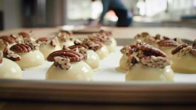 Cinematic close-up of white chocolate pecan clusters on baking tray, glossy and rustic, orbiting and zoom motion