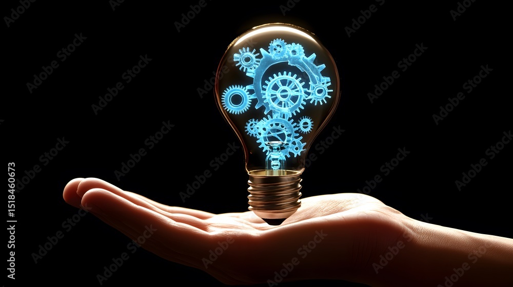 Poster innovation in the palm: a light bulb filled with interconnected gears floats in the palm of a hand, 