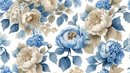 Elegant Blue and Beige Floral Pattern Seamless Watercolor Roses and Flowers Design