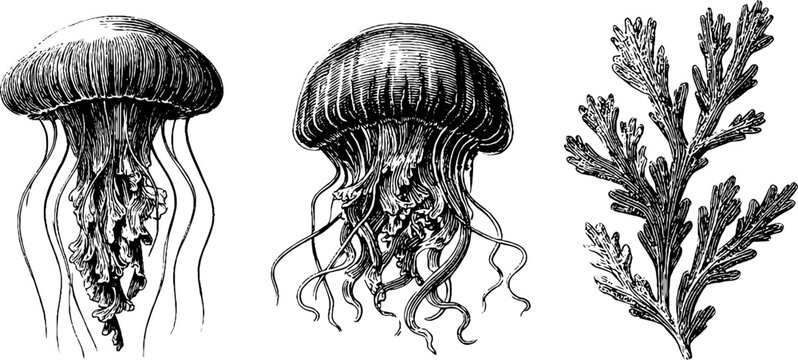 Intricate engraved illustrations of jellyfish and aquatic plants for natural history design