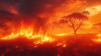 Fototapeta premium Vibrant orange and red flames destroying dry grasslands with sparse slender trees illuminated by thick smoke drifting upward in a dynamic bushfire scene