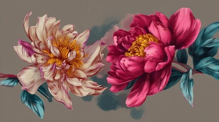 Chrysanthemum and peony flowers drawn by hand. Use these vector images in your designs.