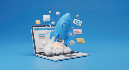 Blue rocket launching from laptop screen with speech bubbles and clouds  