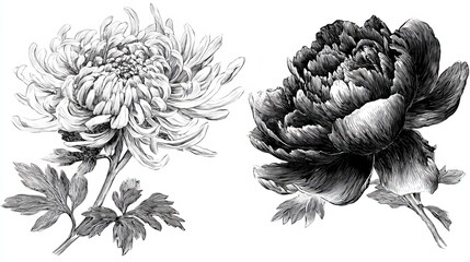 Chrysanthemum and peony flowers drawn by hand. Use these vector images in your designs.