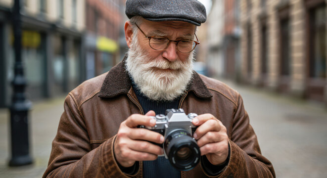 Elderly man examining camera while standing in urban street 