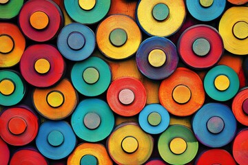 Multicolored circles layered in a rhythmic pattern, arranged in even vertical rows