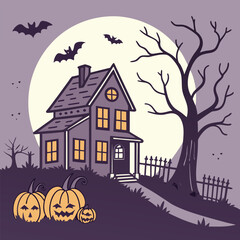 Spooky Halloween Scene with Haunted House. Halloween Scene Illustration with Pumpkins. Dark Halloween Night Scene with Full Moon. Scary Halloween Scene for Holiday Theme. Halloween Scene with Ghosts