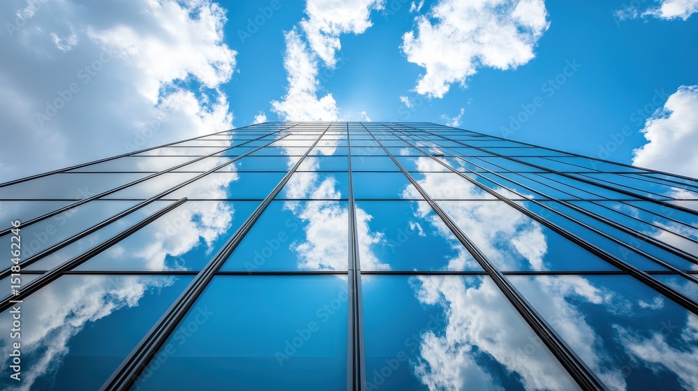 Poster a modern office building with large glass windows reflecting the sky and nearby structures, emphasiz
