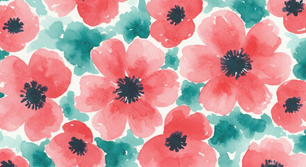 Colorful watercolor floral pattern with red and teal flowers  