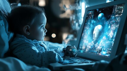 Rocket coming out of laptop screen, blue background AI digital illustration