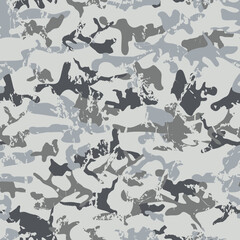 Distressed camo pattern for hunting, snow hunting, and gear, with rugged gray, black, and white tones for snowy terrains. Ideal for stealth and durability.