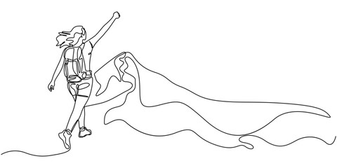 tourist hiking backpack picnic mountains, Continuous one line drawing of traveling people with backpack. Single one line art of woman success to hiking on top of mountain. Vector illustration, Woman