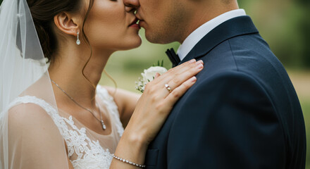 Bride and groom kissing gently outdoors with soft natural background  