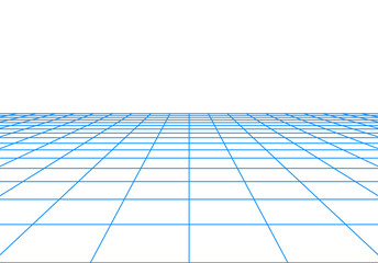 Minimalistic grid floor with retro 80s synthwave style and aesthetics, isolated floor perspective view element. Retro computer horizon and terrain