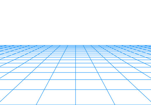 Minimalistic grid floor with retro 80s synthwave style and aesthetics, isolated floor perspective view element. Retro computer horizon and terrain