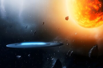 A futuristic science-fiction scene featuring a glowing blue energy disc and asteroids orbiting a large, fiery sun