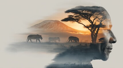 Silhouette of Tanzanian man with lions and Mount Kilimanjaro in double exposure