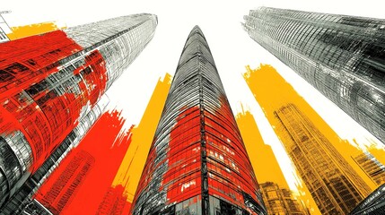 Towering skyscrapers in bold red and orange stripes create a stunning visual statement