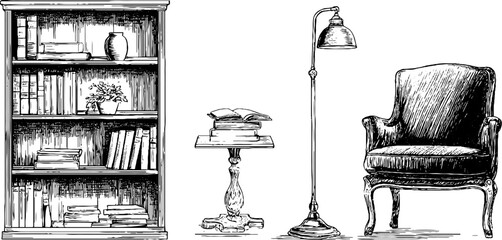 Fototapeta premium Vintage library interior with bookshelf, armchair, and reading lamp engraving