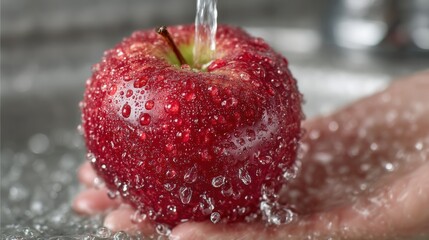 Washing a shiny red apple under running water in a minimalist kitchen sink