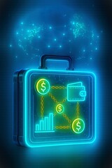 Digital briefcase representing finance, money management, and global transactions