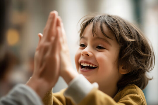 Happy child playing hand games with adult indoors  