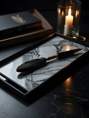 Quill Pen and Marble Tray with Candles in Dark, Moody Setting
