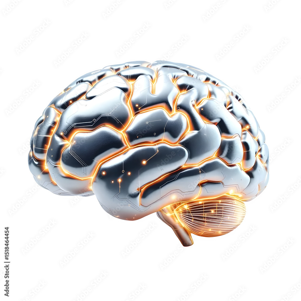 Poster a shiny silver brain with orange glowing lines and dots on a dark background in a close up view