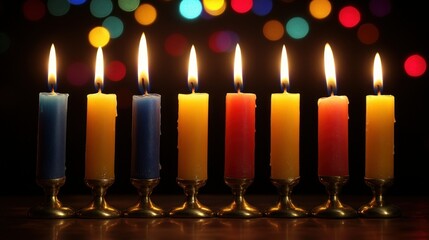 Nine Hanukkah candles, vibrant colors, warm light
