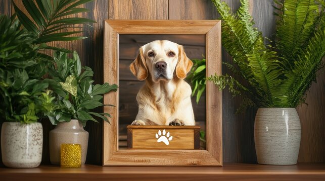 Framed photo of deceased dog with wooden memorial box urn featuring paw print, surrounded by plant vase, love, loss, and pet remembrance