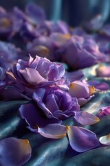 Lavender roses scattered across luxurious velvet duvet on king-size bed