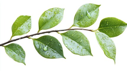 Fototapeta premium wide macro closeup photo of plant branch with green color healthy leaves with water drops on it.